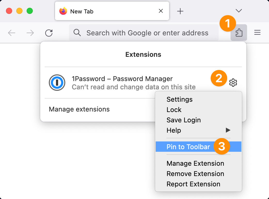 Pin the 1Password icon to the toolbar in Firefox