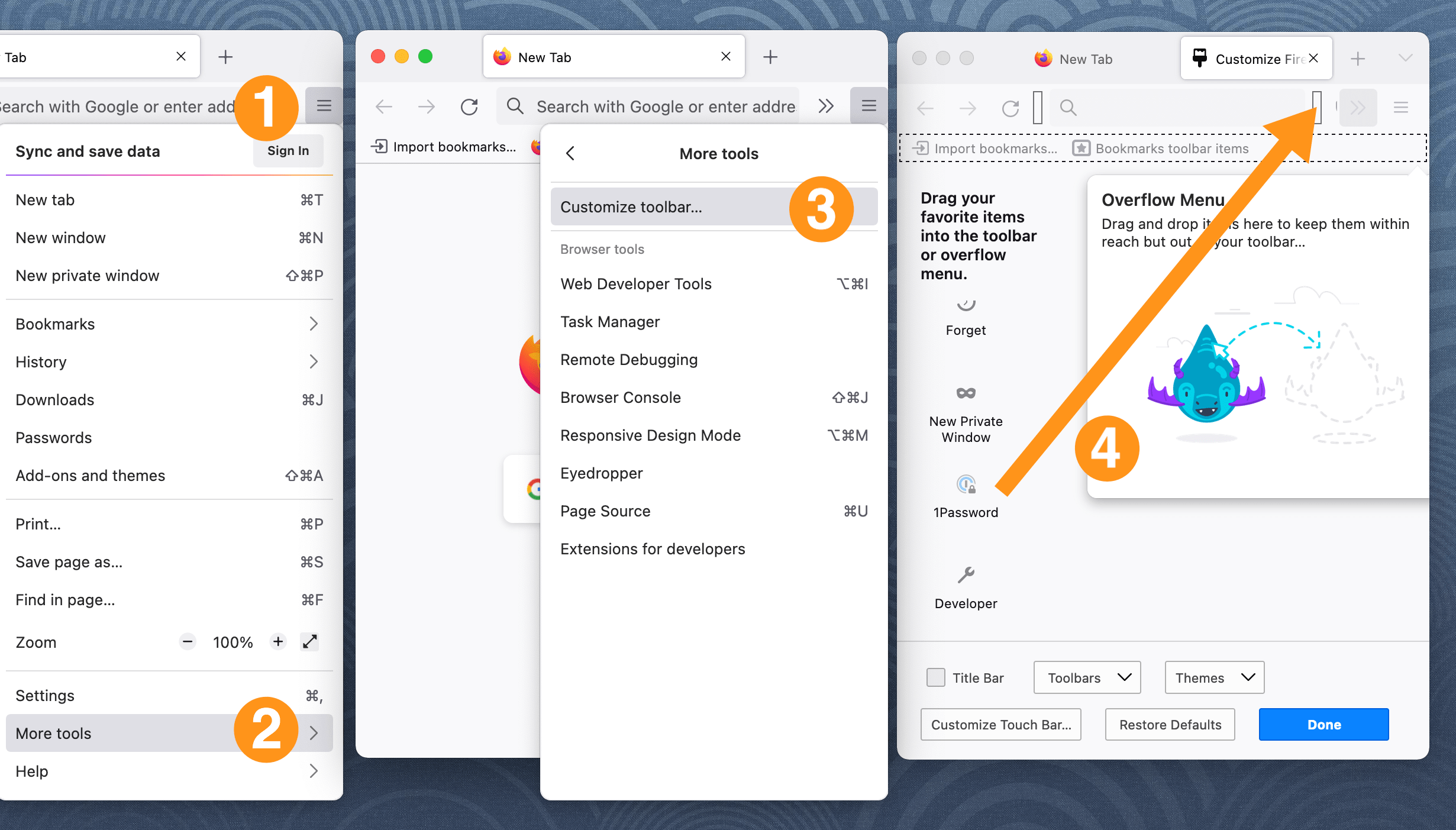 Add the 1Password button to the toolbar in Firefox