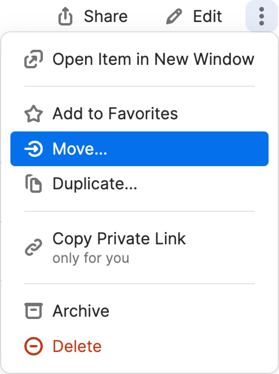 The share menu dropdown with 'Move/copy' selected