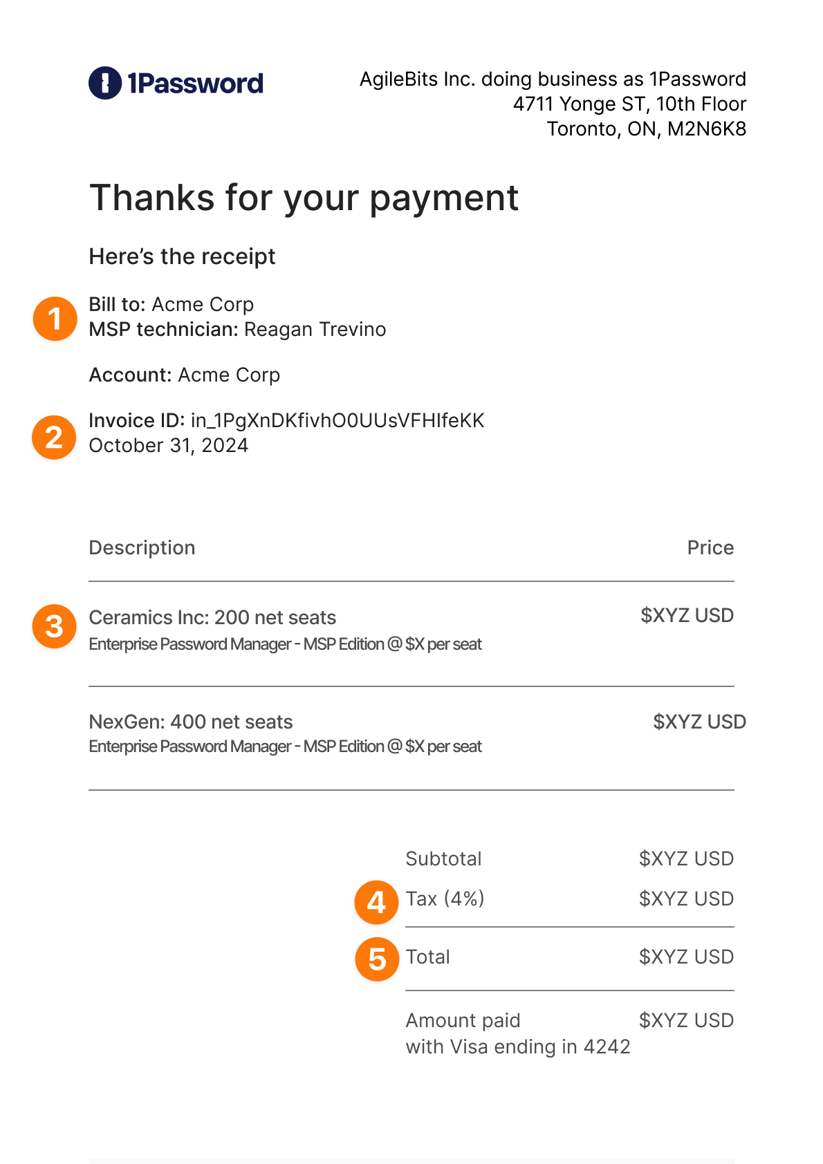An example 1Password for MSP invoice