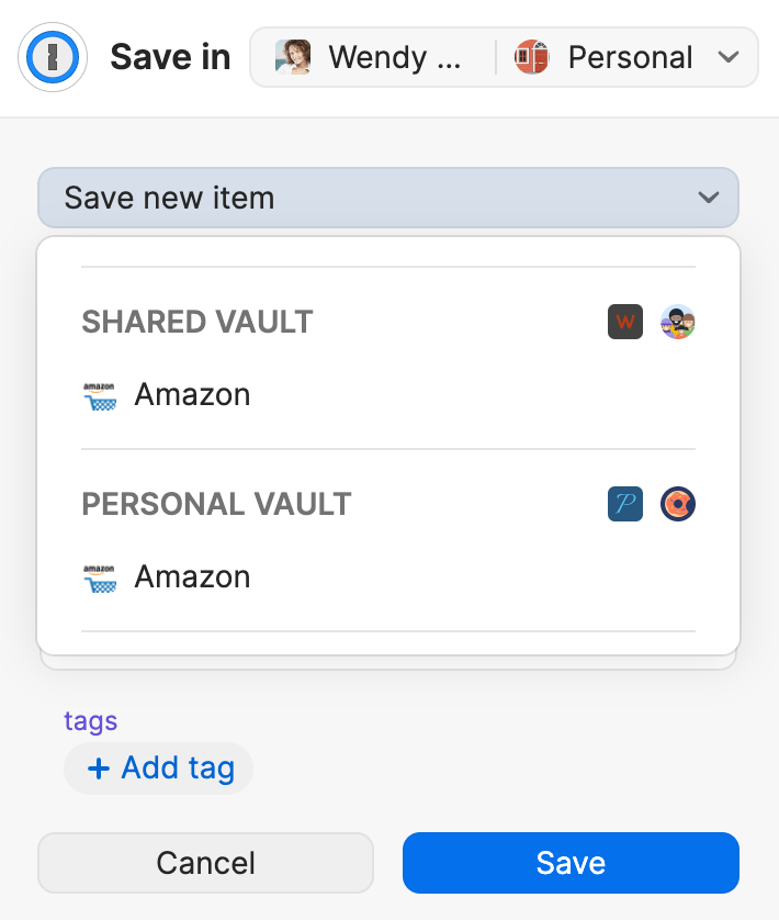 Choose where to save a new item in the Save Login pop-up