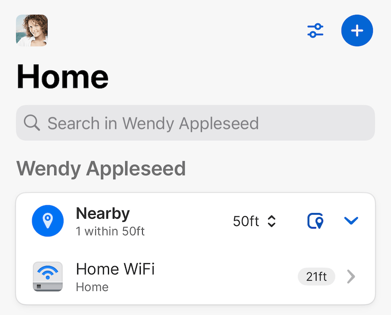 The Nearby section on the Home screen of 1Password for iOS, showing a Home WiFi item 21 feet from the current location.