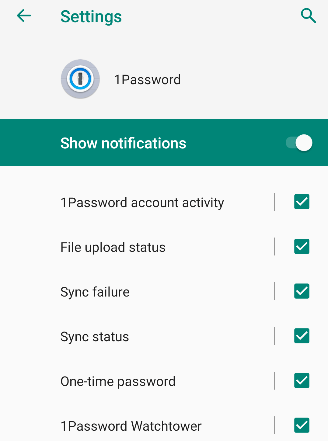 1Password notification settings in the Android Settings app