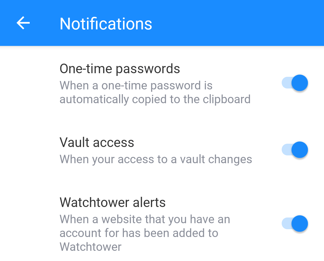 Notification settings in 1Password for Android