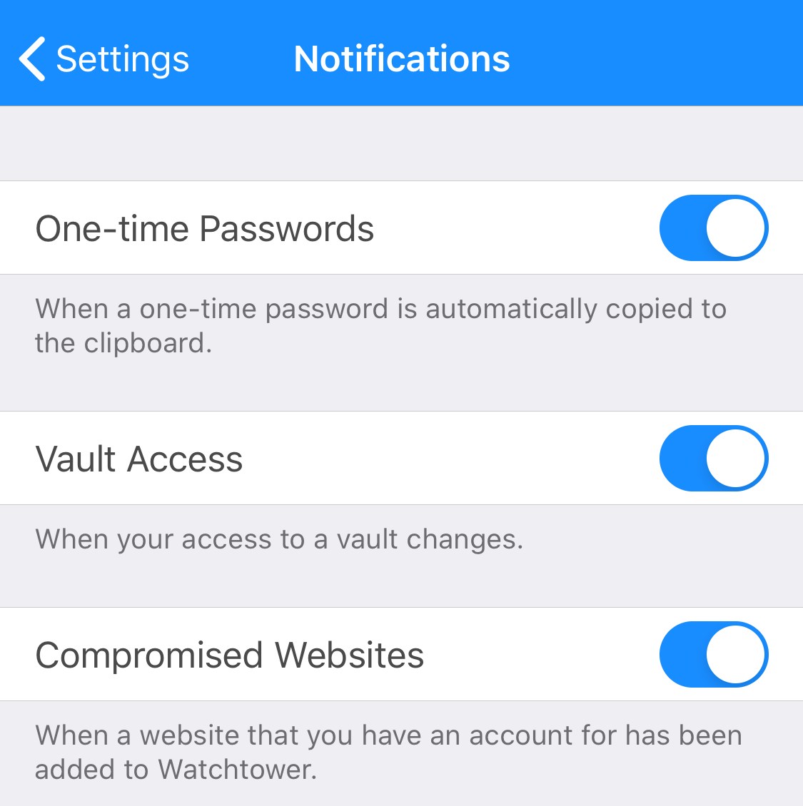 Notification settings in 1Password for iOS