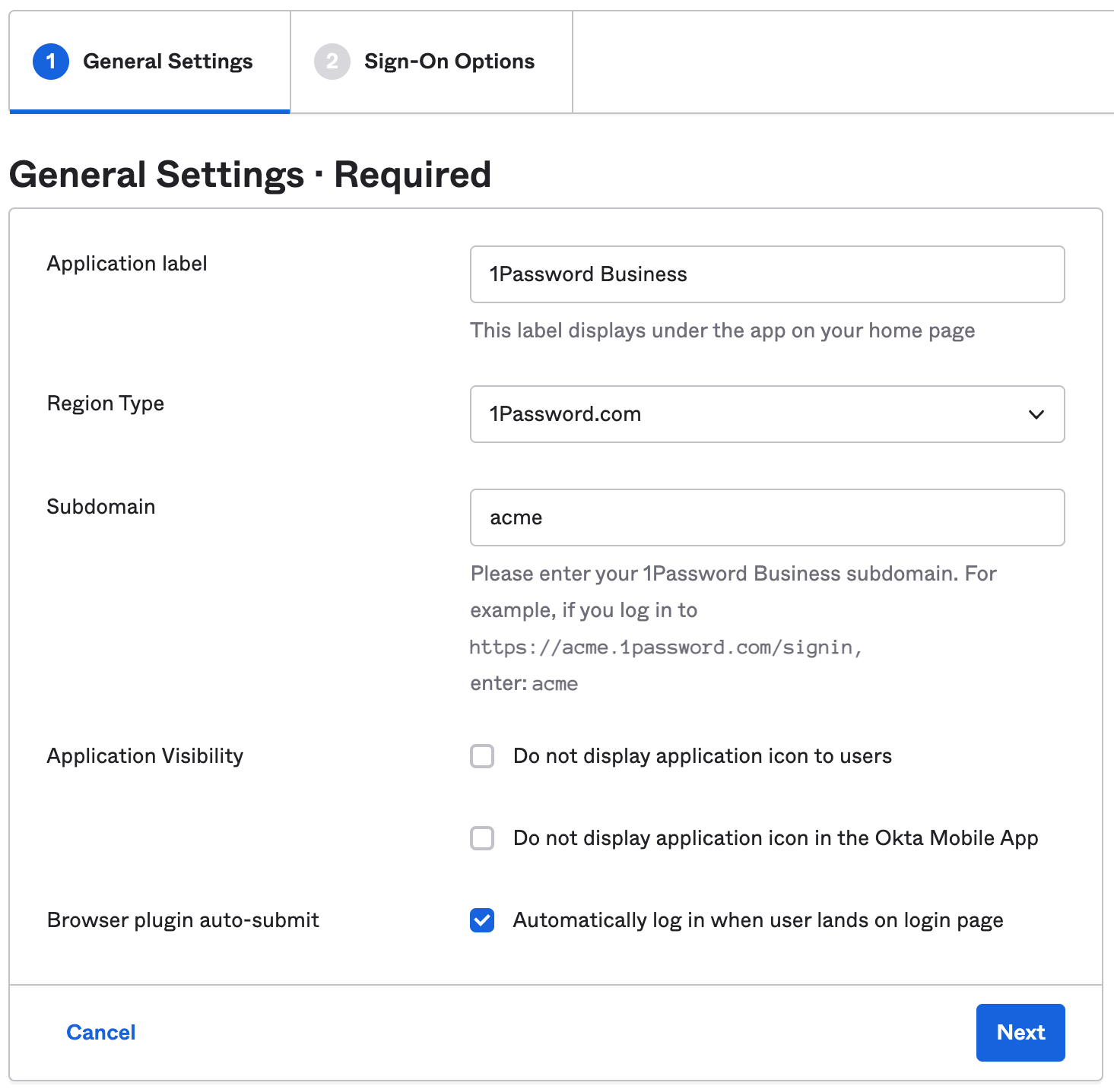 Setup settings for the 1Password Business application in Okta