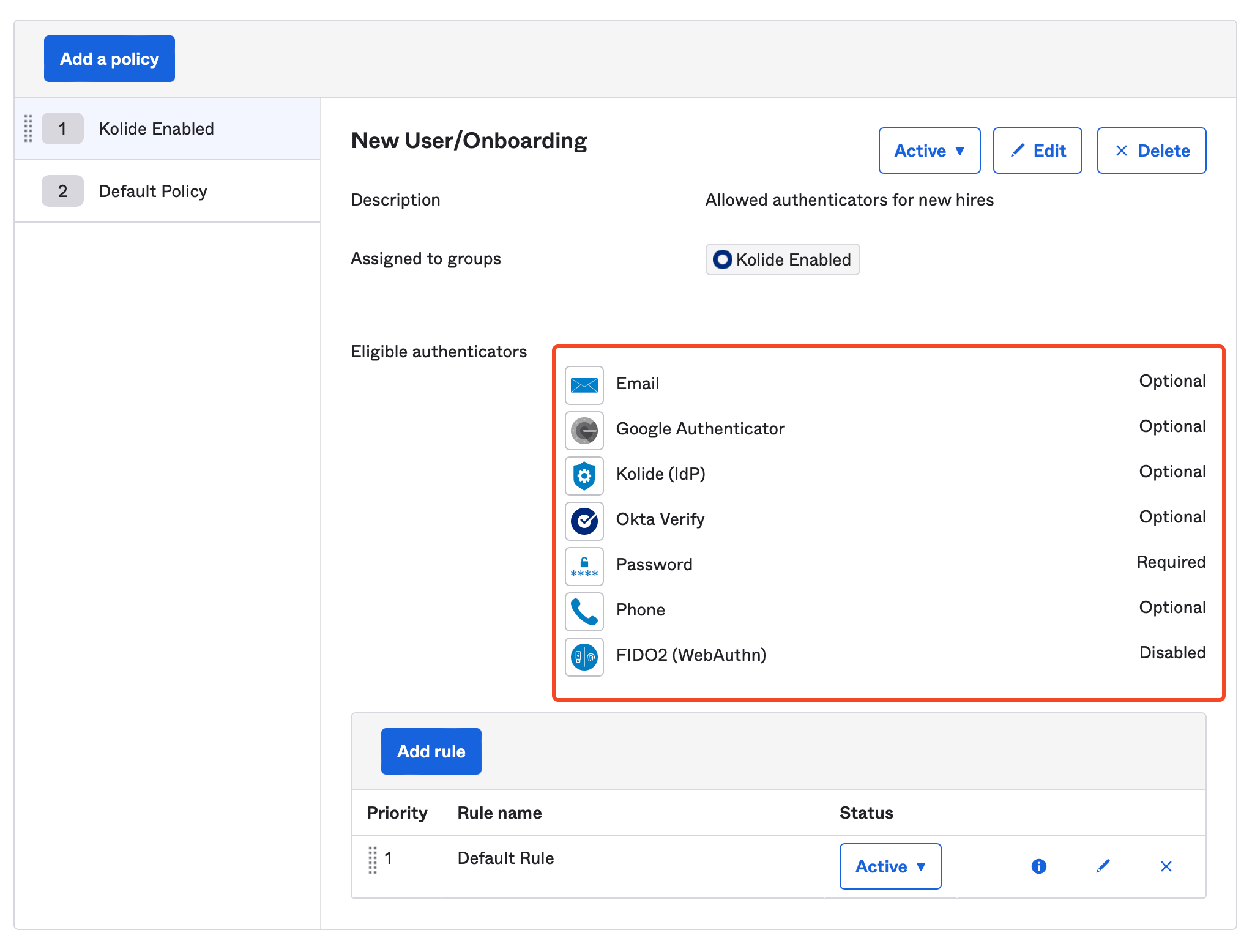 The New User/Onboarding page with Eligible authenticators highlighted.