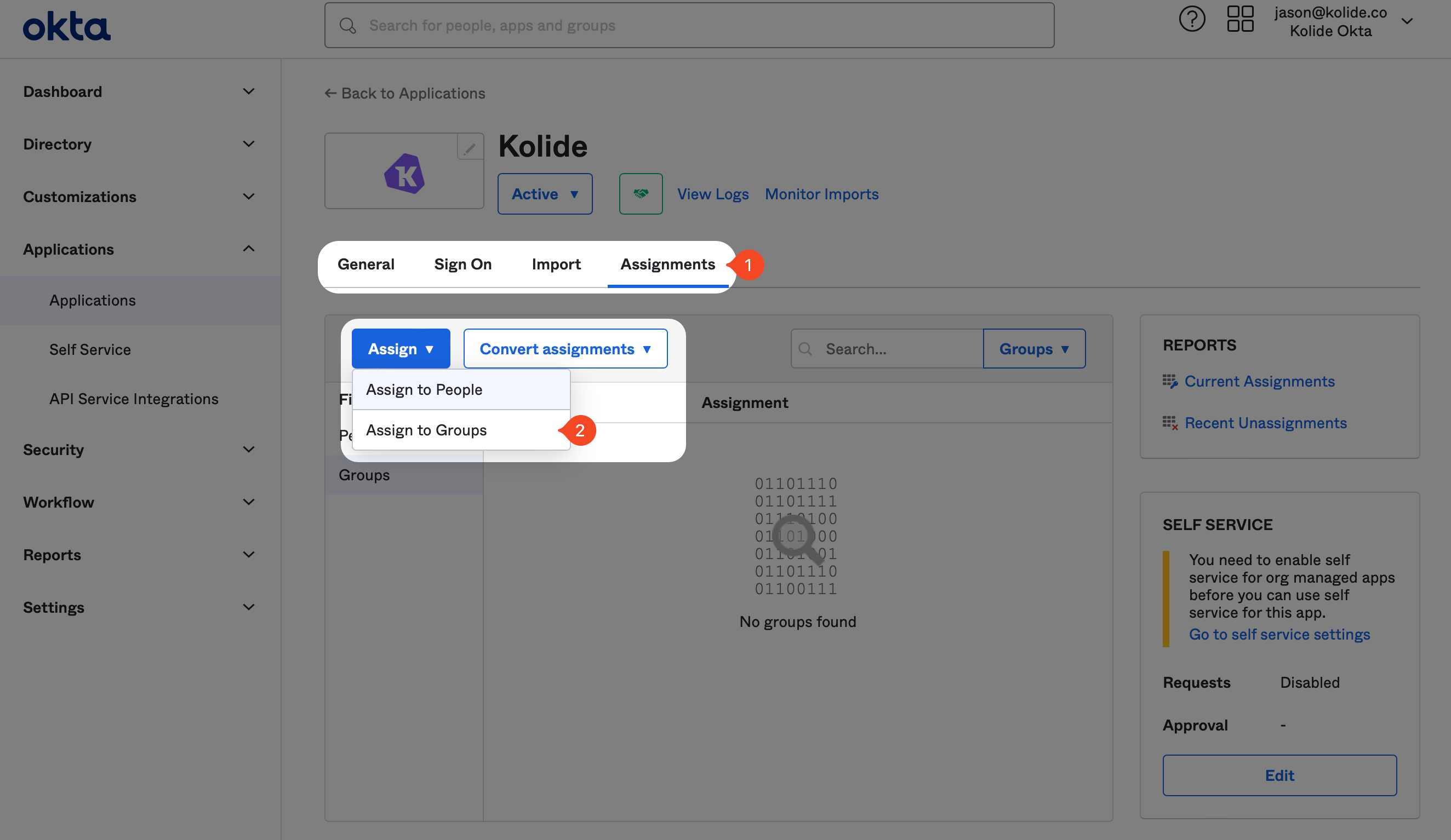 The Assignments tab with the Assign dropdown and the Assign to Groups option highlighted