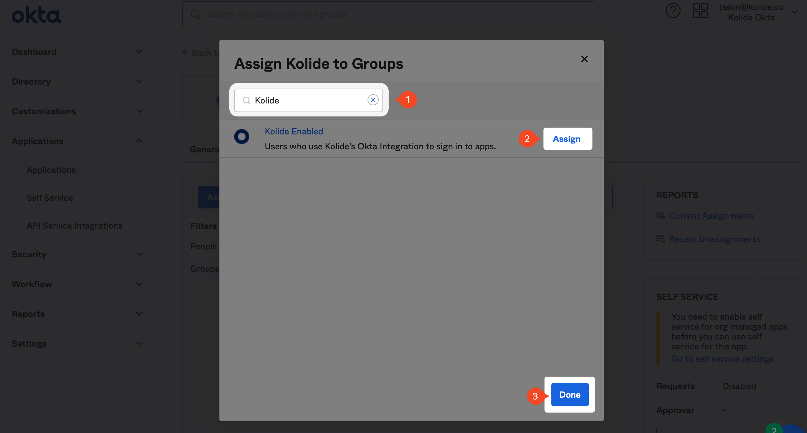 The Assign Kolide to Groups modal with the search bar, Assign button, and the Done button highlighted.