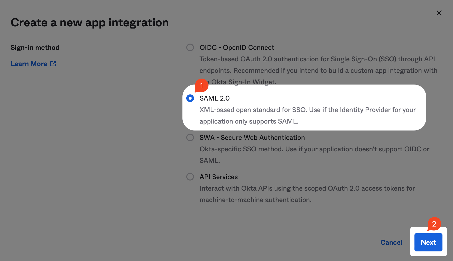 The Create a new app integration modal with the SAML.20 option and the Next button highlighted.