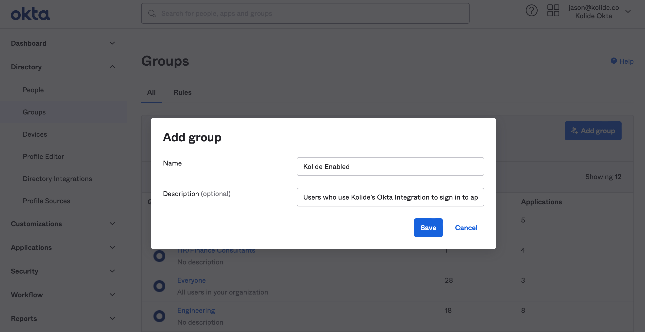 The Okta Add group modal with the group name and description.