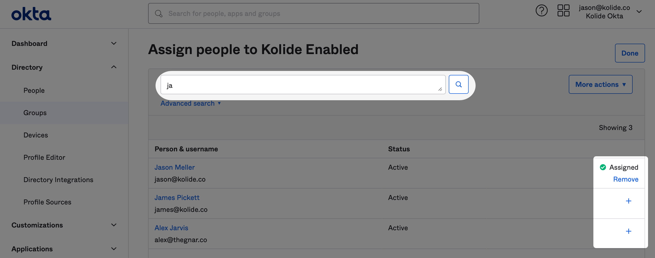 The Okta Assign people page with the search bar and the add button highlighted.