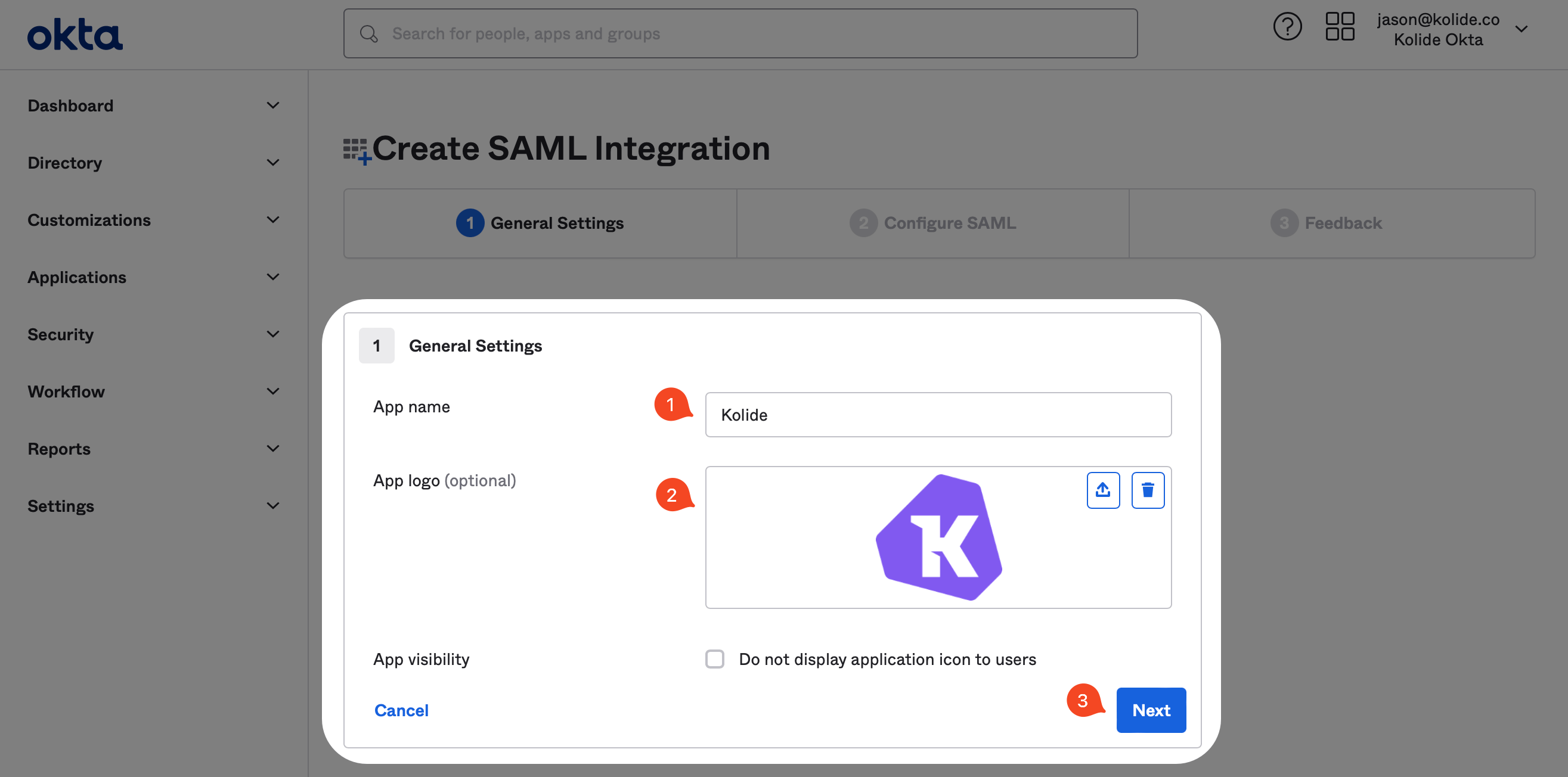 The Create SAML Integration page General Settings form highlighted.