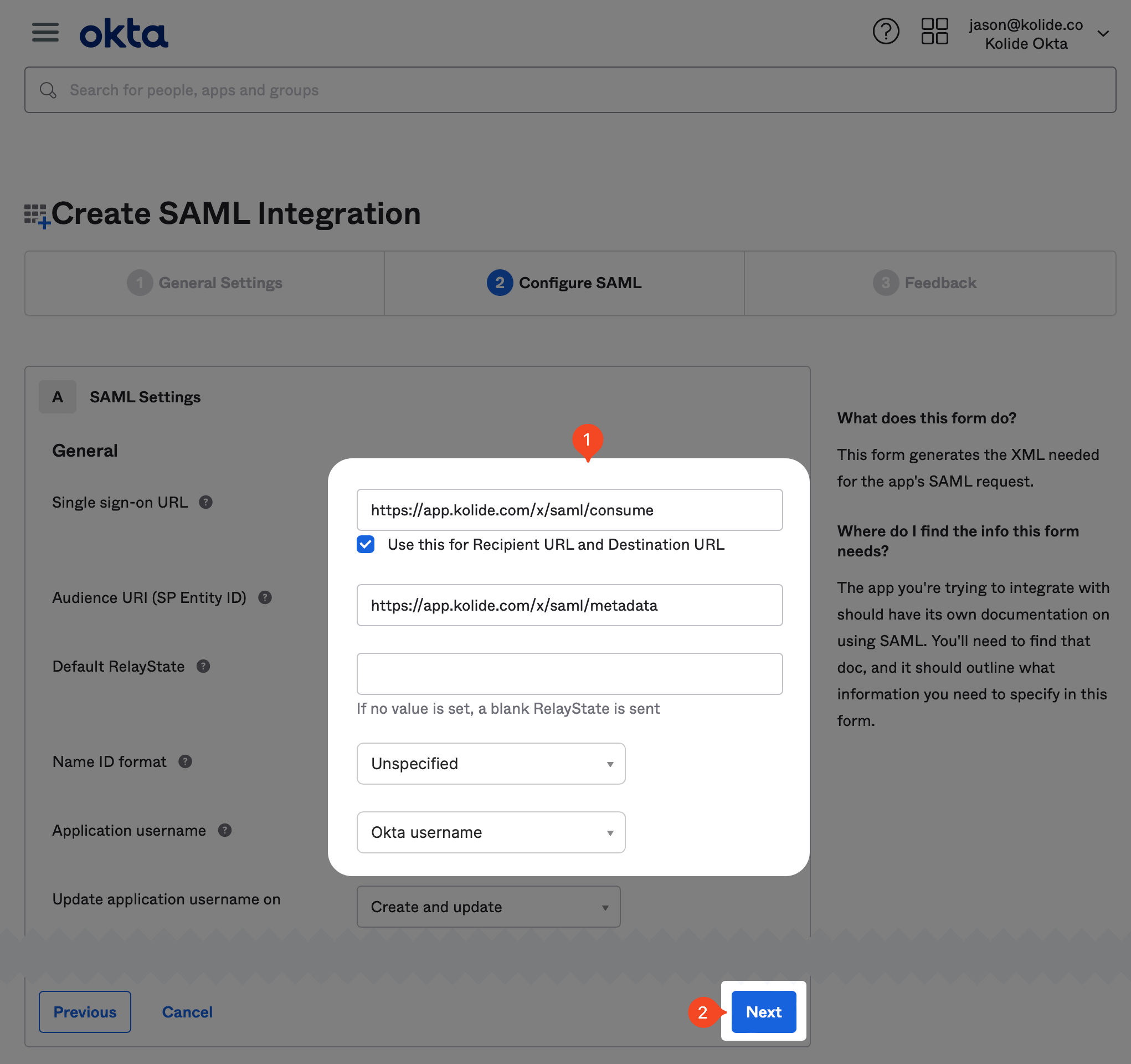 The Create SAML Integration page showing the SAML settings.