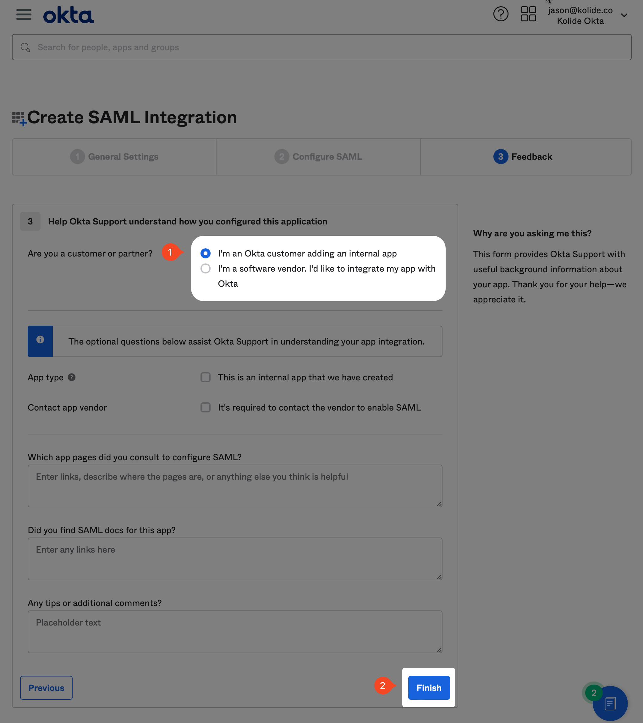 The Create SAML Integration page showing the Feedback section.