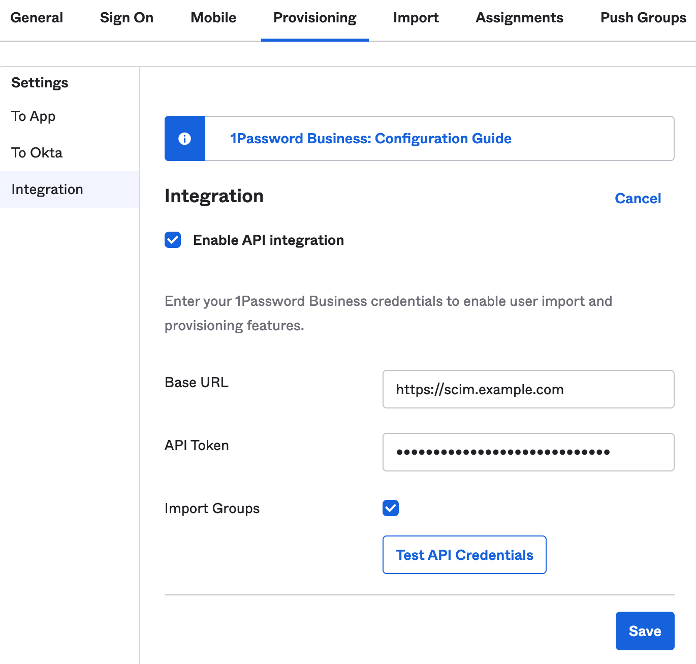 The Integration settings for Provisioning with Enable API Integration turned on