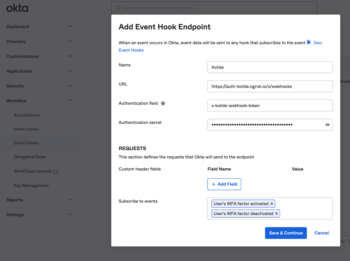 The Add Event Hook Endpoint modal.