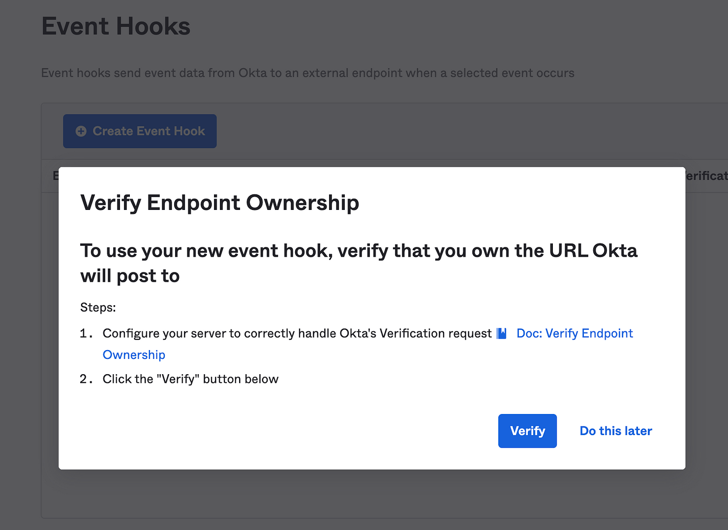 The Verify Endpoint Ownership modal.