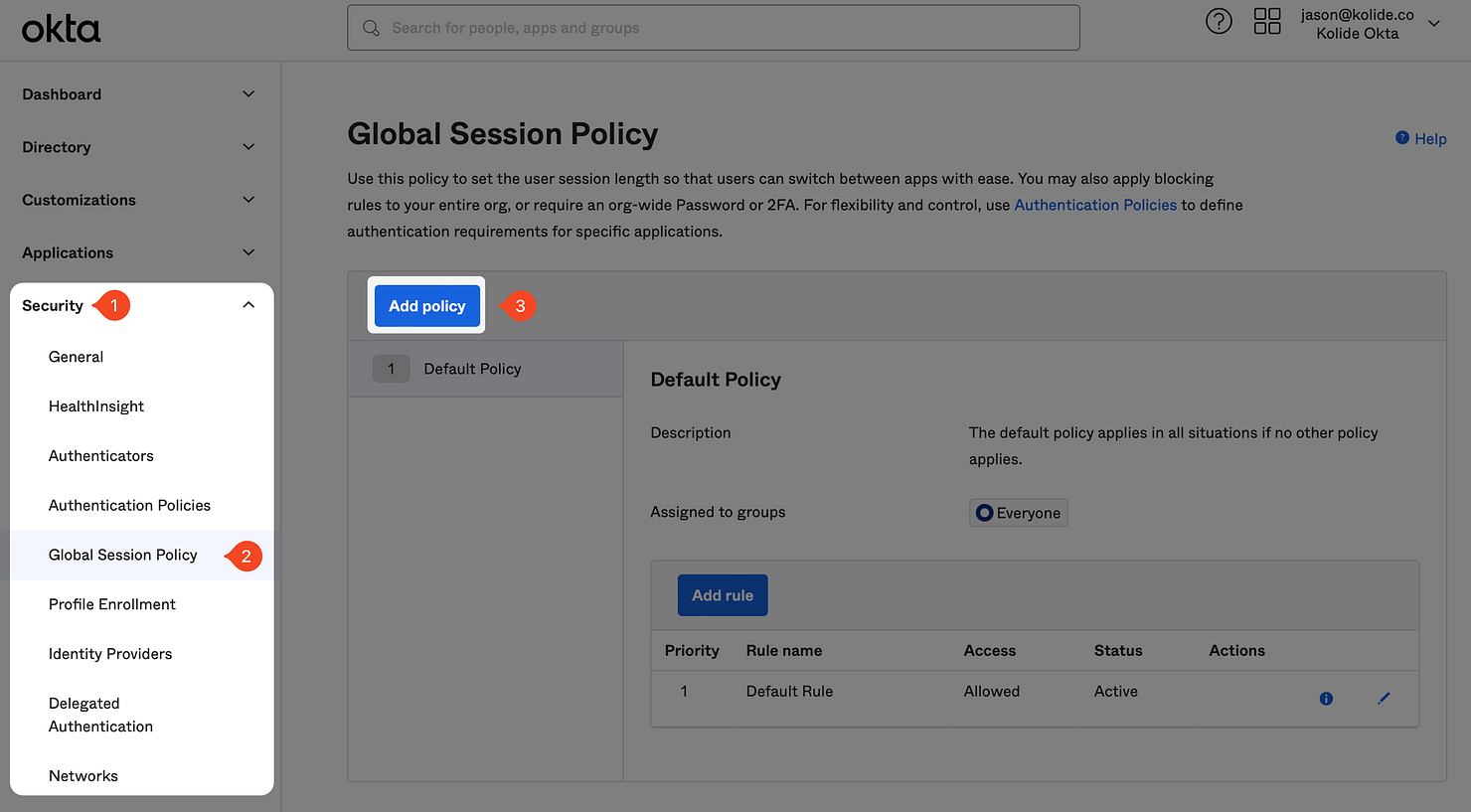 The Global Session Policy page with the Add policy button highlighted.