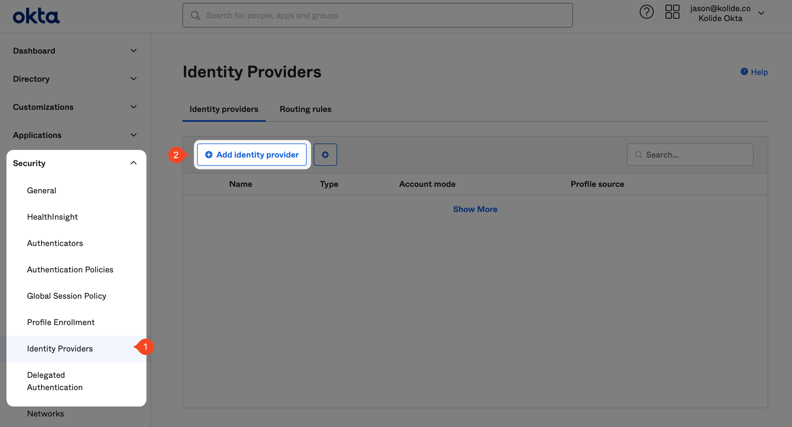 The Identity Providers page with the Add identity provider button highlighted.