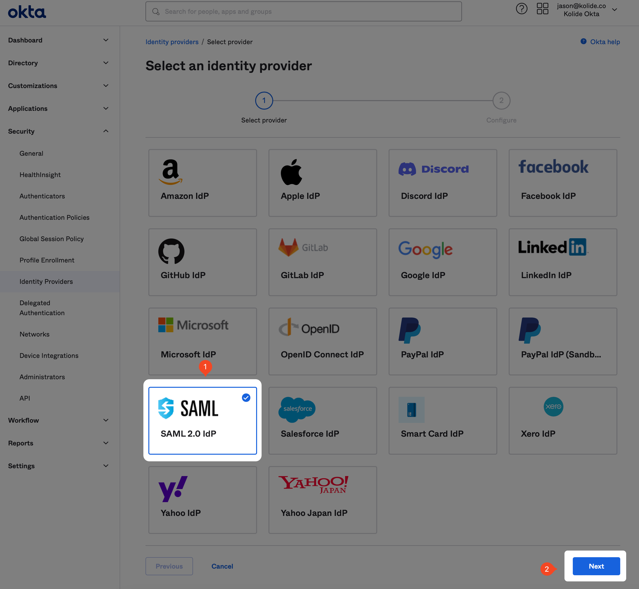 The Select an identity providers page with SAML 2.0 IdP highlighted.