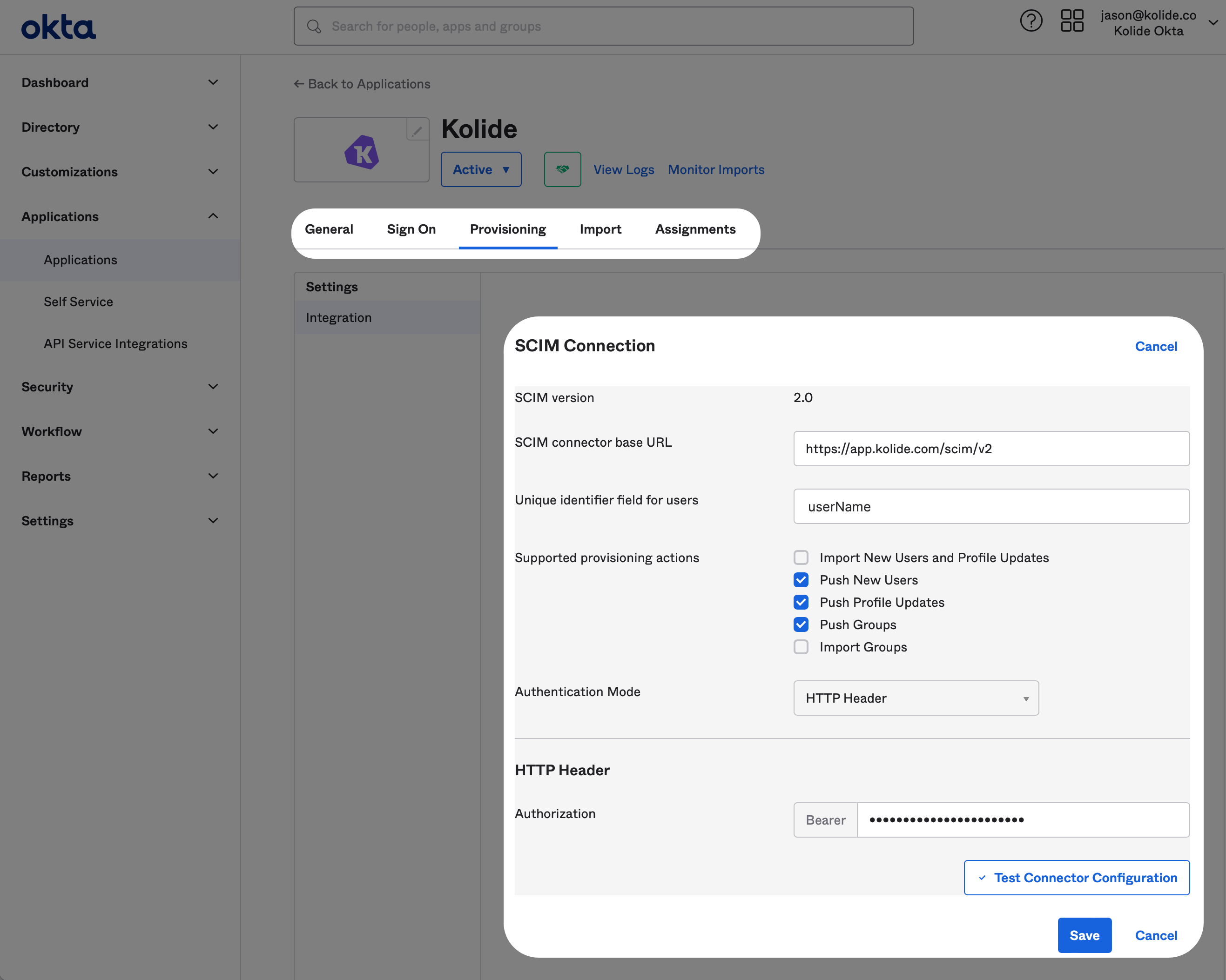 The Provisioning tab with the SCIM Connection settings.