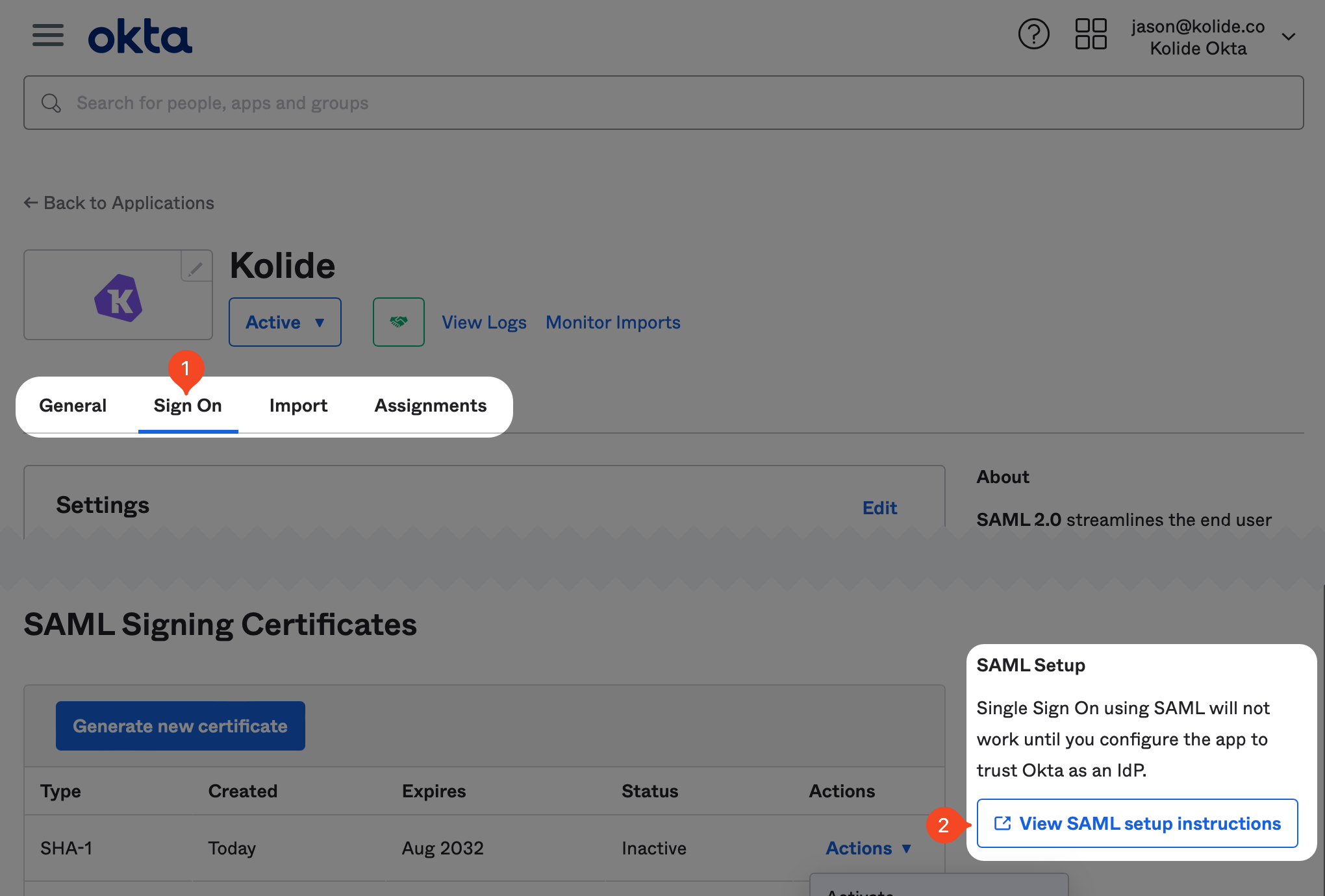 The Sign On tab with SAML Setup section highlighted.