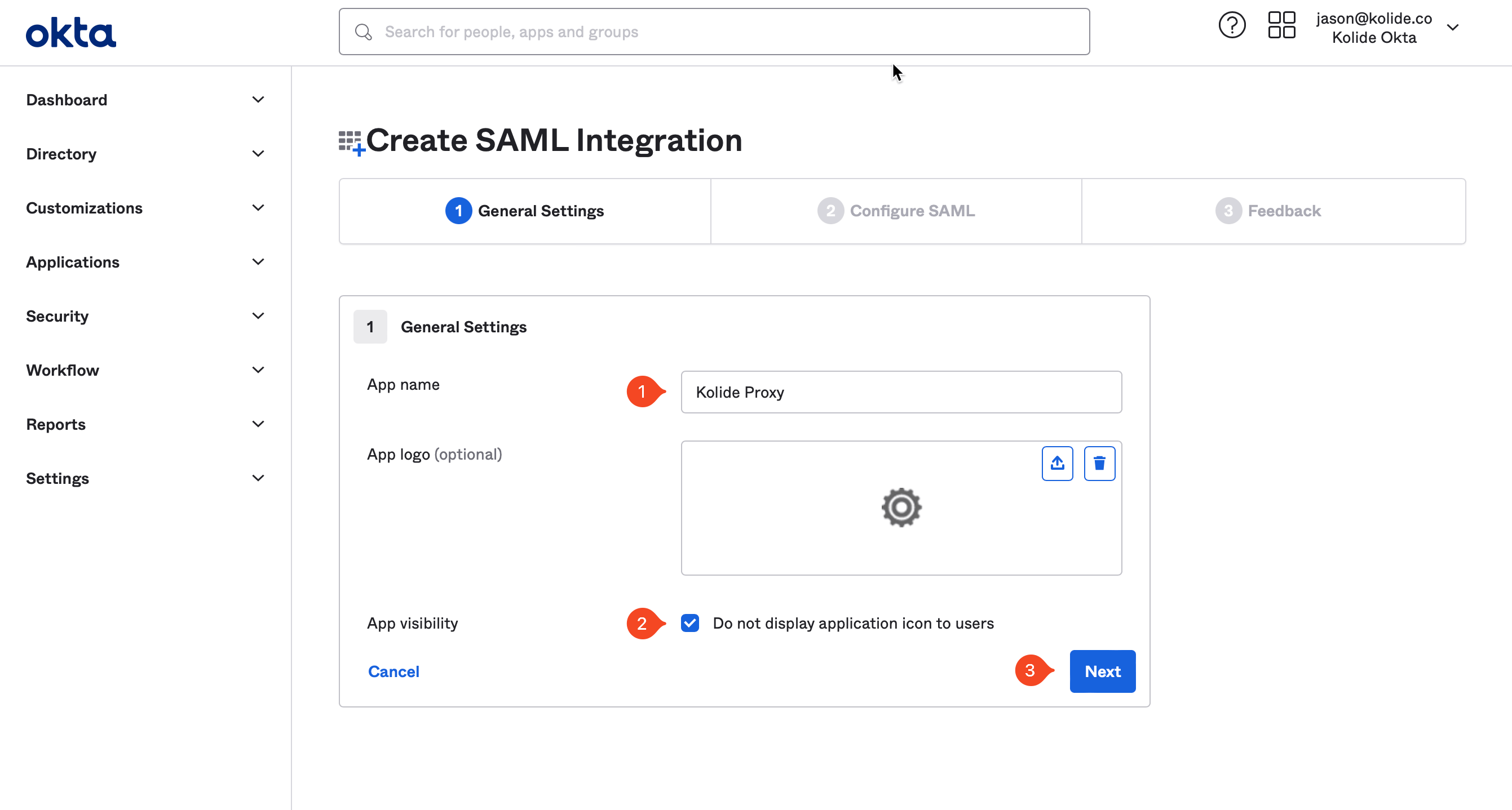 The Create SAML Integration page on the General Settings tab.