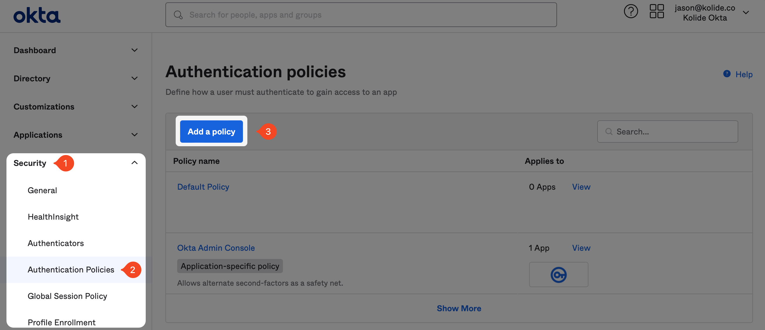 The Authentication policies page with the Add a policy button highlighted.