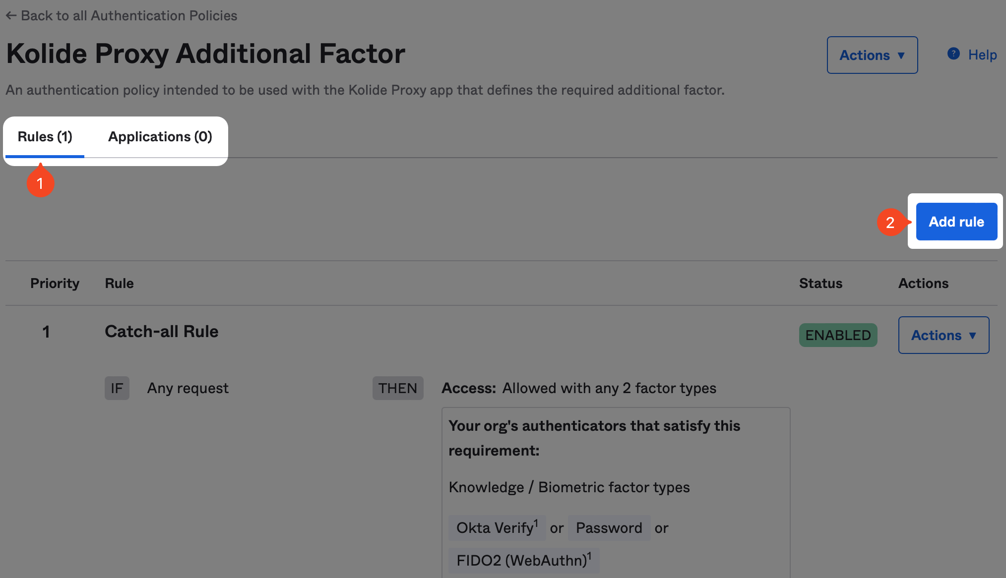 The Kolide Proxy Additional Factor page with Add rule highlighted.