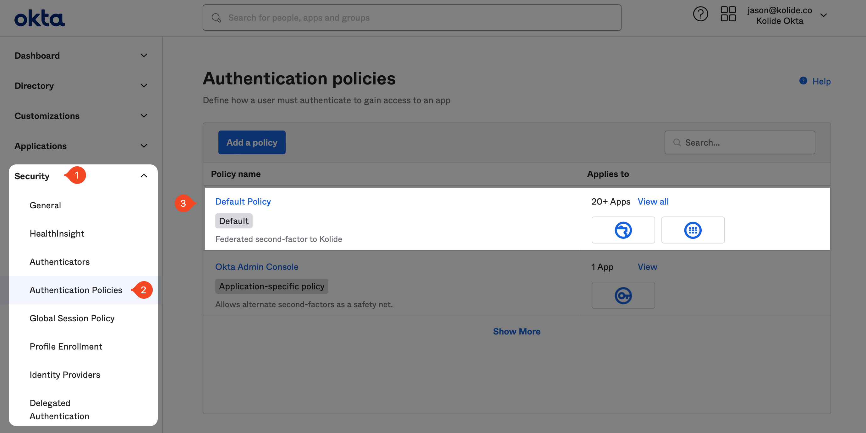 The Authentication policies page with Default Policy highlighted.