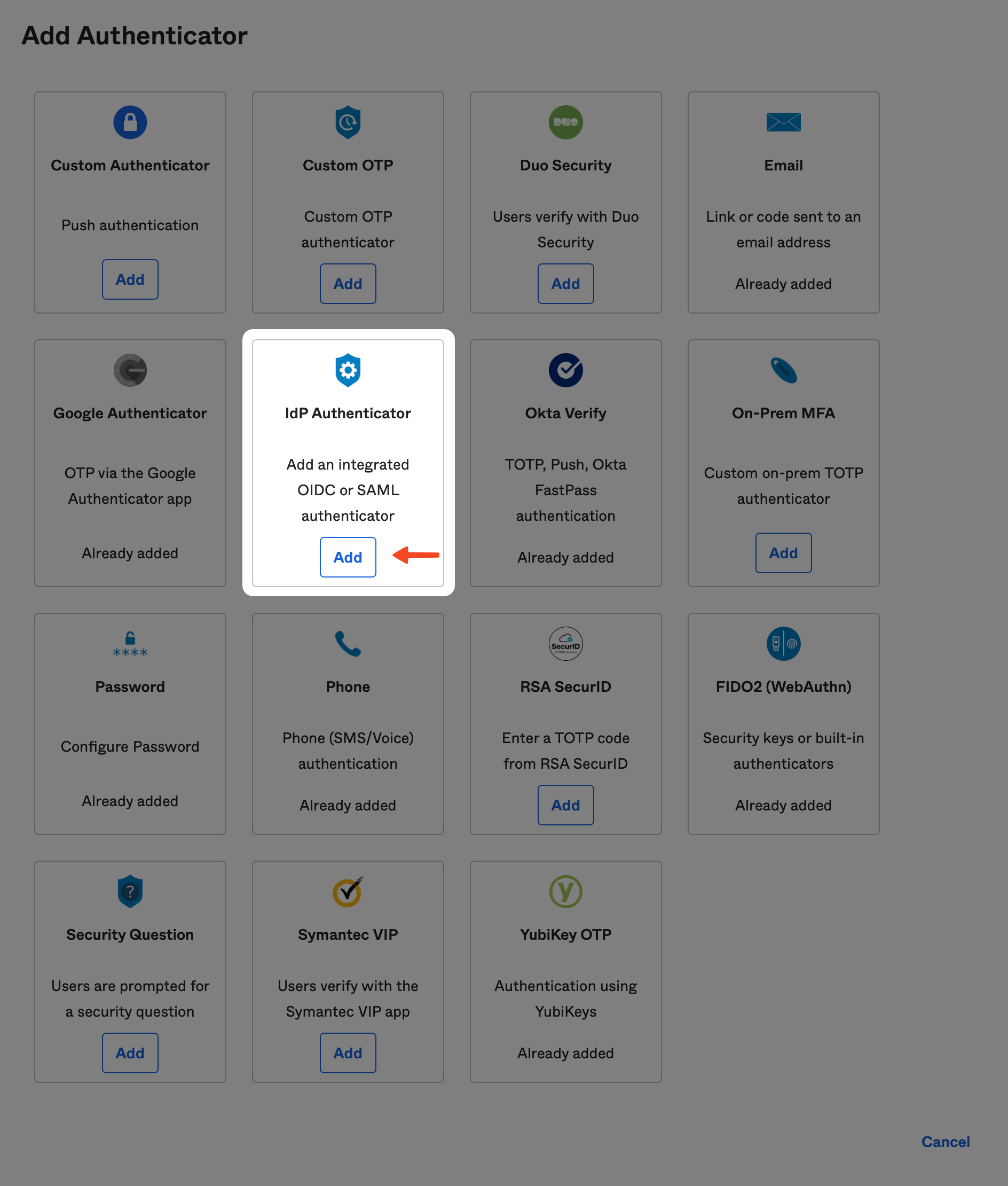 The Add Authenticator page with the IdP Authenticator Add button highlighted.