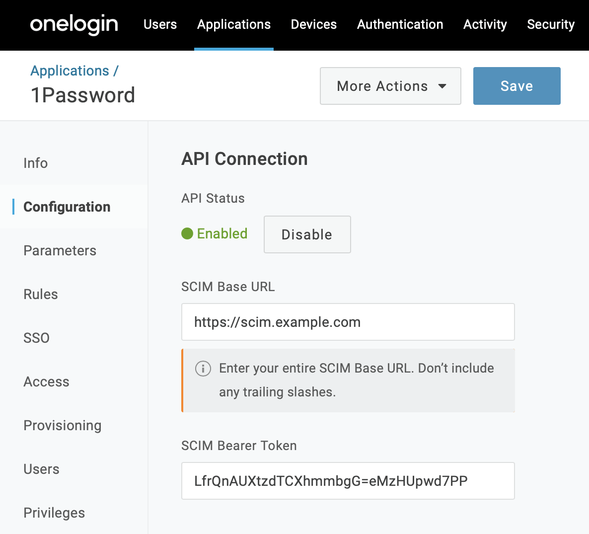 The API Connection settings for the Application with the API connection turned on