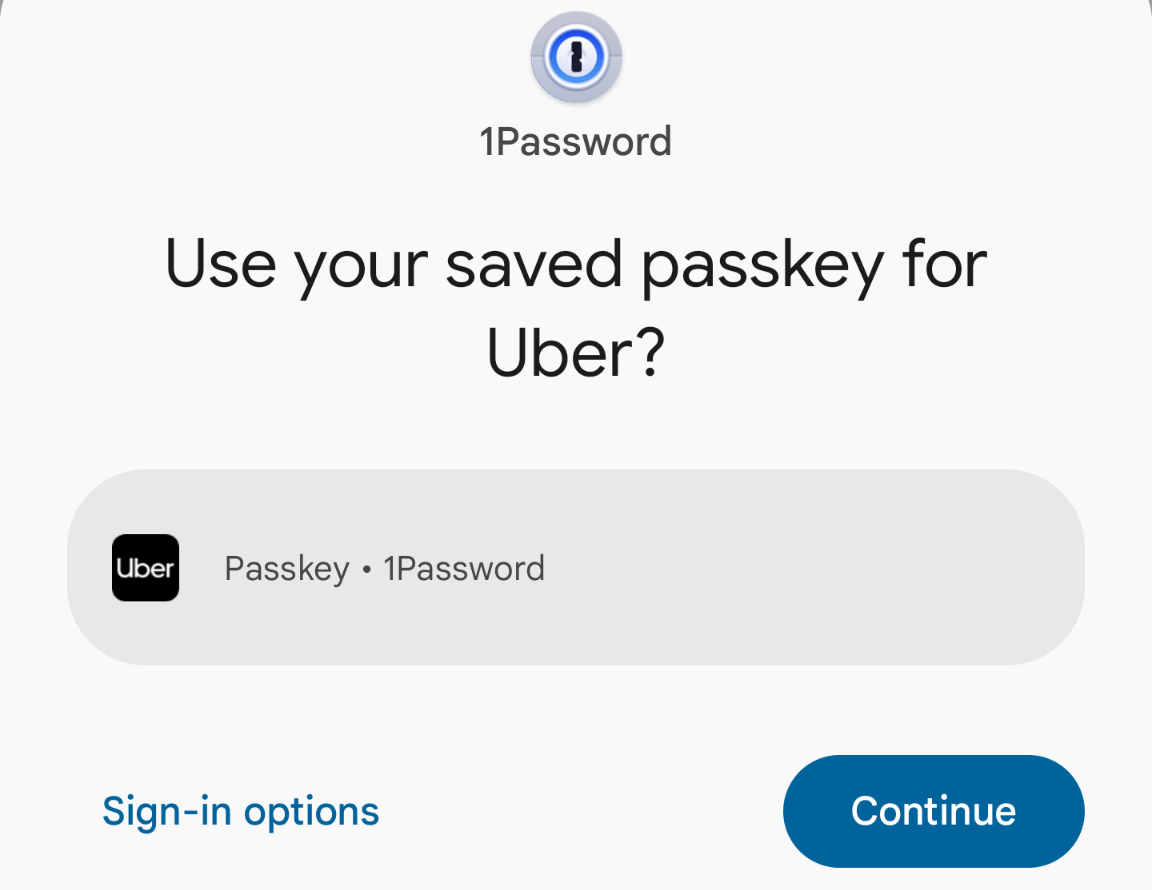 Signing in with a passkey using 1Password for Android