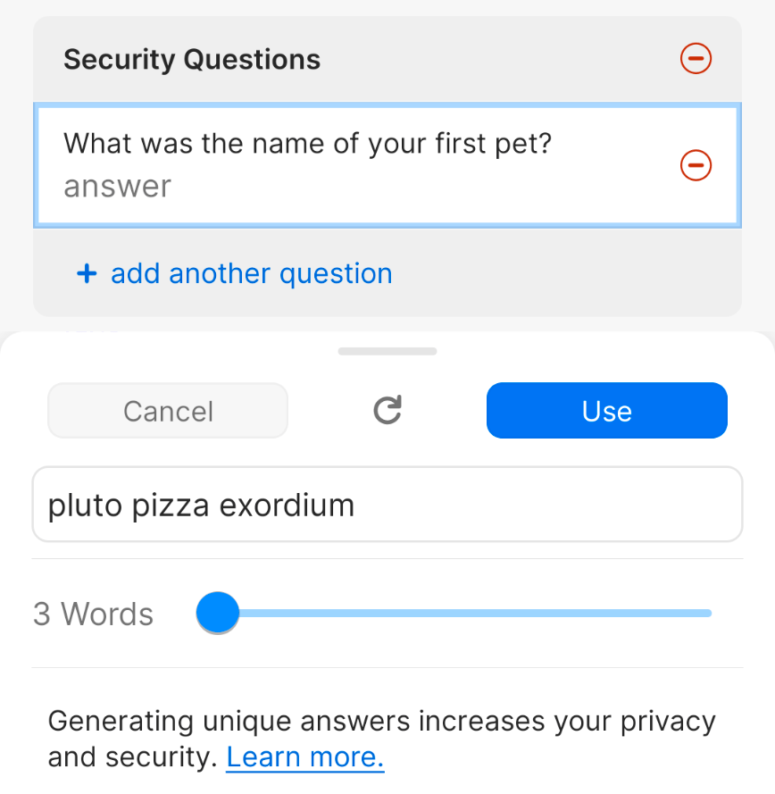 The create new security question answer screen showing a randomly generated answer of pluto pizza exordium.