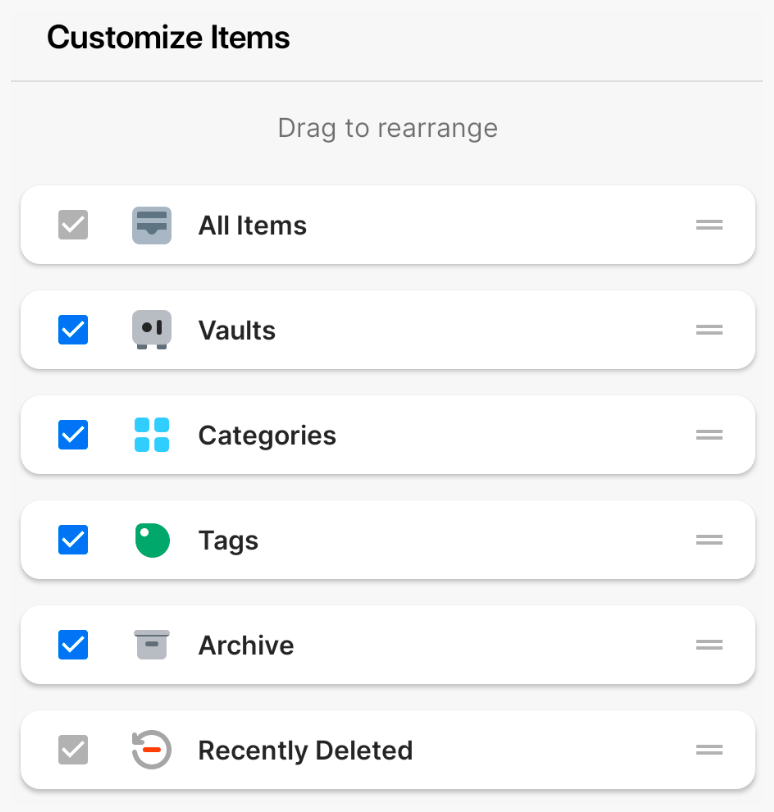 The Customize screen showing the sidebar sections in 1Password for Android