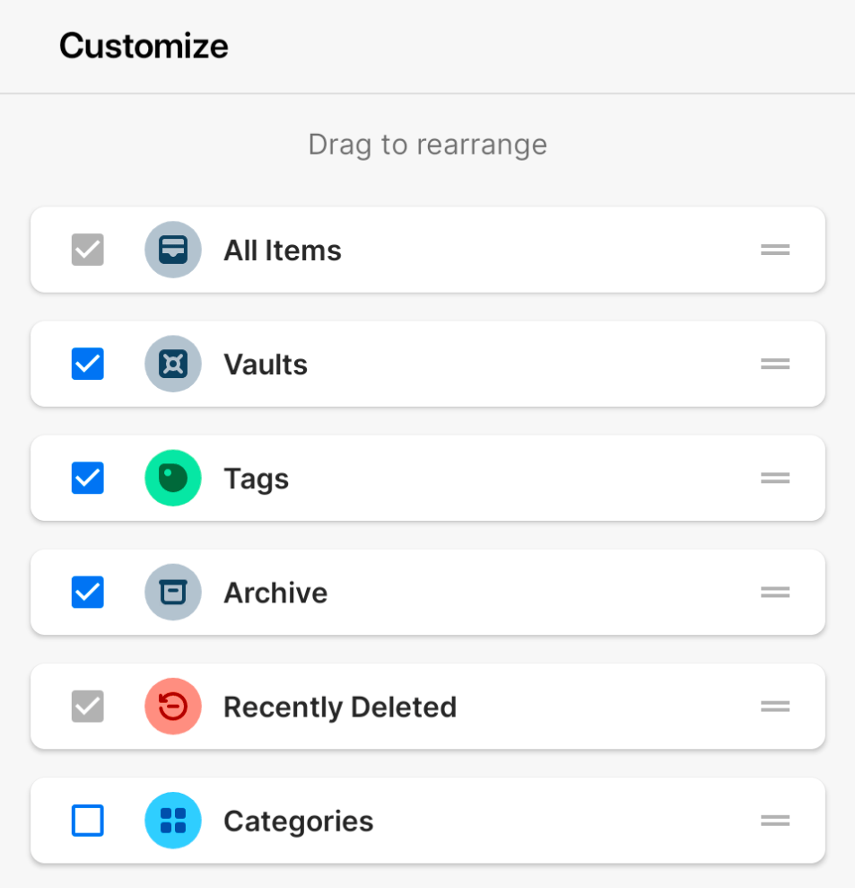 The Customize screen showing the sidebar sections in 1Password for Android