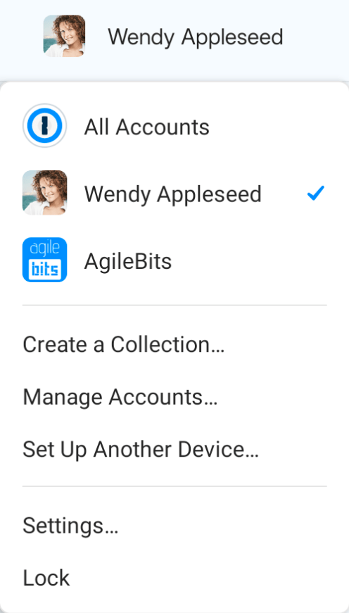 The dropdown menu showing the list of accounts in 1Password for Android