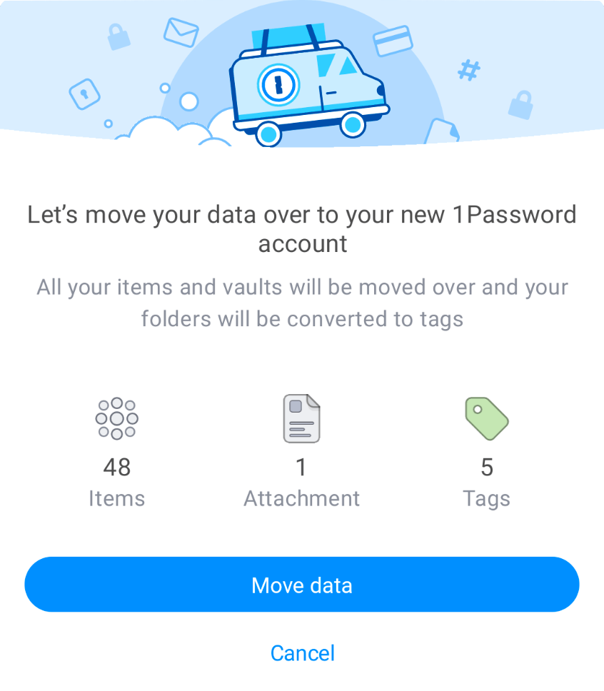 1Password 7 for Android asking if you want to move your data into a 1Password account