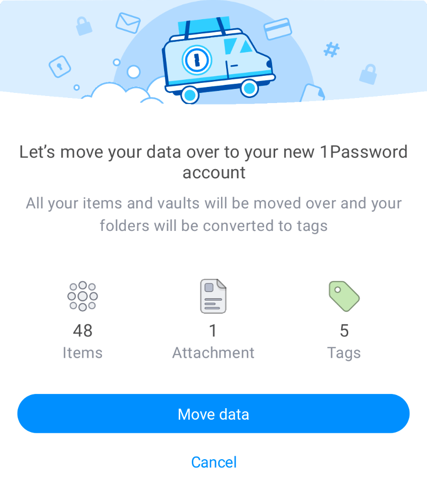 1Password 7 pour Android vous demandant si vous souhaitez déplacer vos données sur un compte 1Password