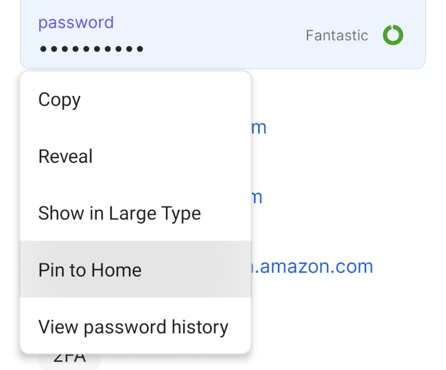 An item with showing the dropdown menu on a password field with Pin to Home selected.