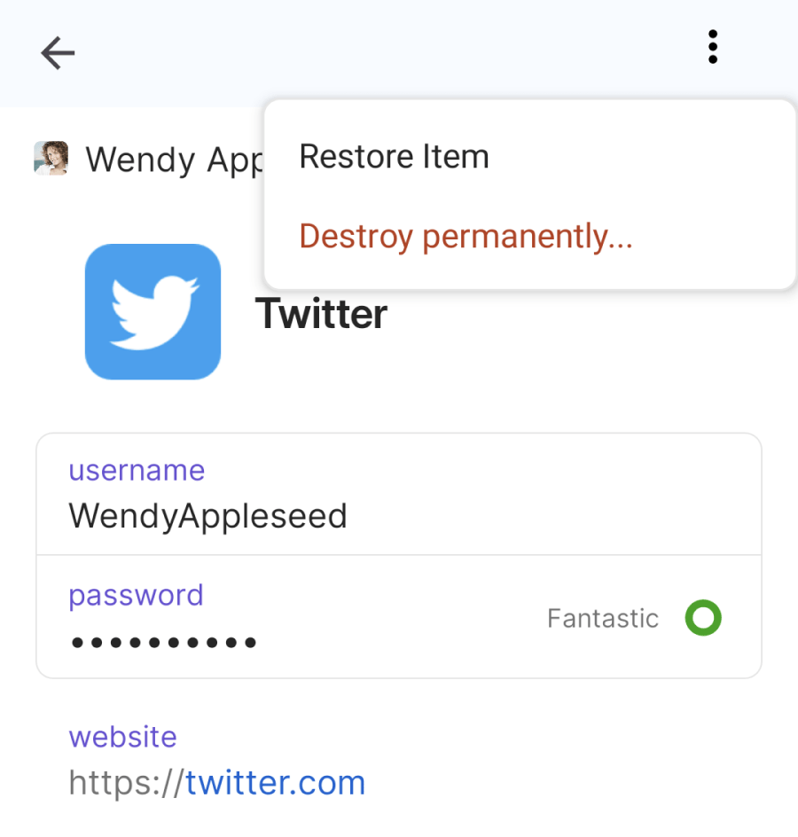 A recently deleted item in 1Password 8 for Android