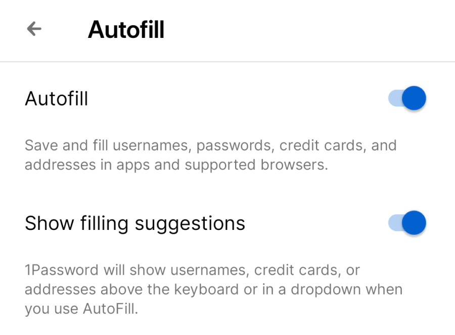 The settings window with Autofill and Show filling suggestions toggled on.