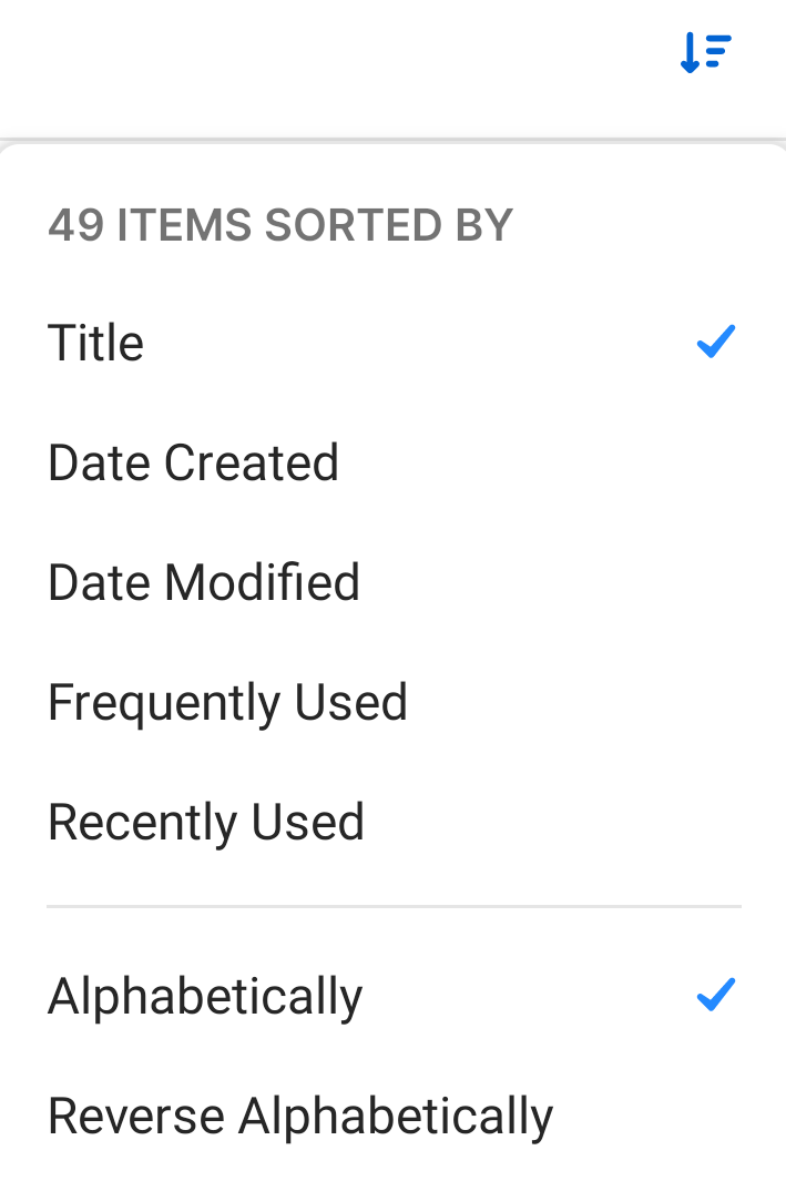 The sort dropdown menu with Title and Alphabetically selected.
