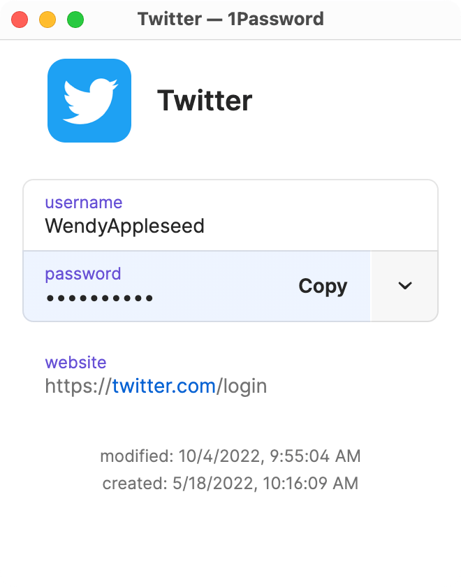 An item opened in a new window with the password field in focus