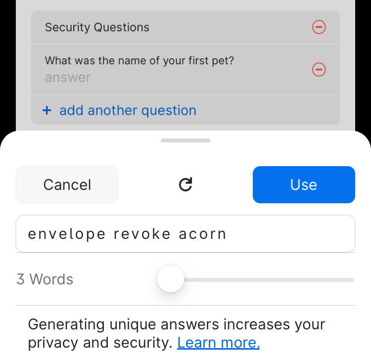 The create new security question answer screen showing a randomly generated answer of envelope revoke acorn.