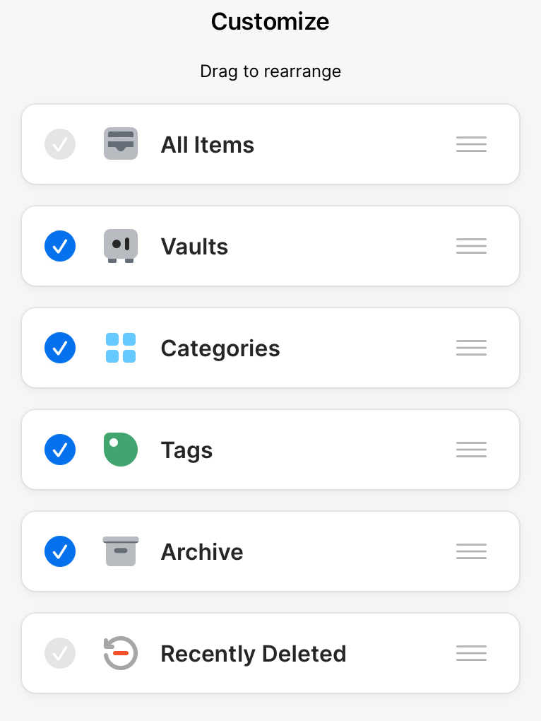 The Customize screen showing the sidebar sections in 1Password for iOS