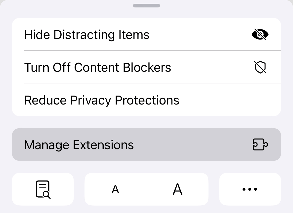 The Page Settings menu in Safari with Manage Extensions selected.