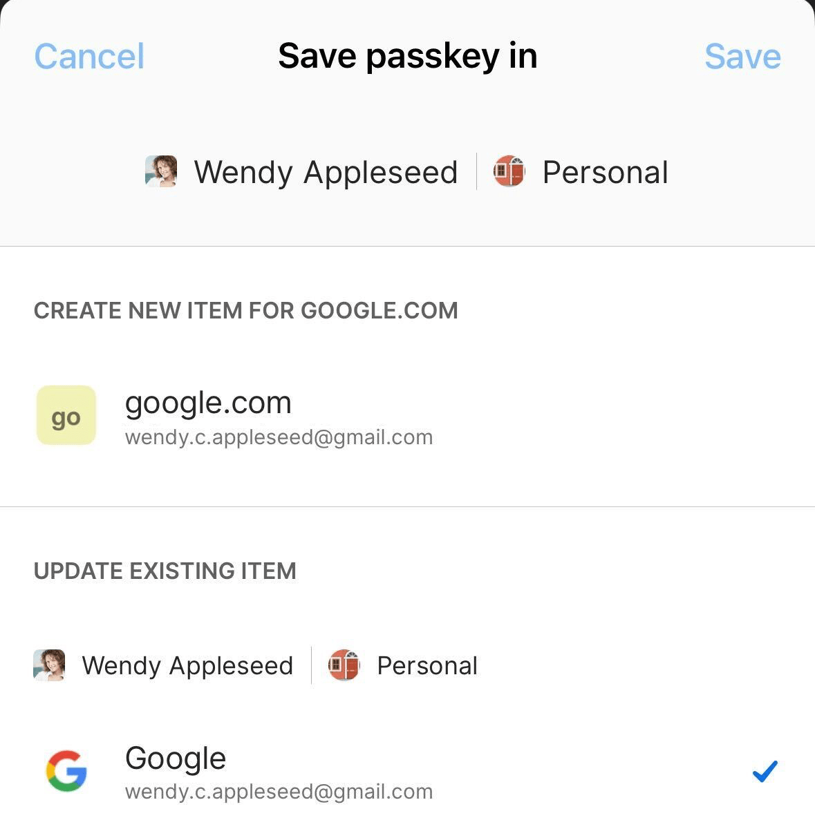Creating and saving a passkey in 1Password for iOS
