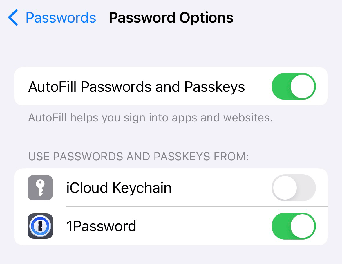 The AutoFill Passwords page in the Settings app with iCloud Keychain deselected. width=